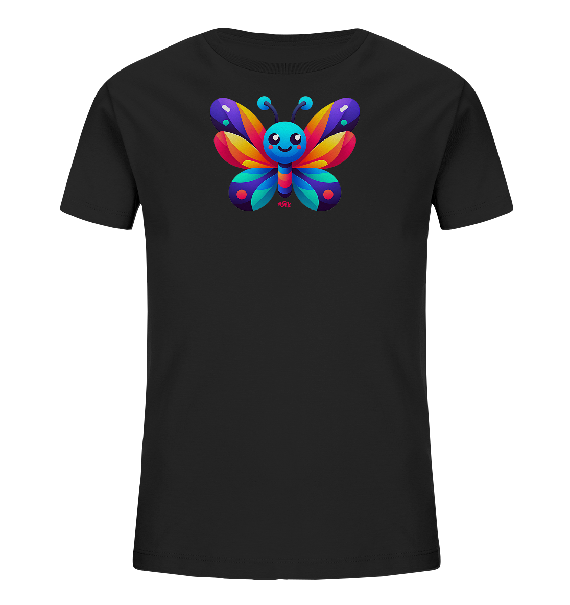 Onlineshop Shirts fuer Kinder - Das Bild zeigt ein schwarzes Kinder T-Shirt mit einem farbenfrohen Schmetterlingsmotiv auf der Vorderseite. Der Schmetterling ist in leuchtenden Toenen wie Blau, Violett, Orange und Rot gestaltet und hat ein froehliches Gesicht. Das Design ist symmetrisch und beinhaltet kleine Blattdetails an der Unterseite. Dieses T-Shirt ist ein echter Blickfang mit seinem lebendigen grafischen Element.