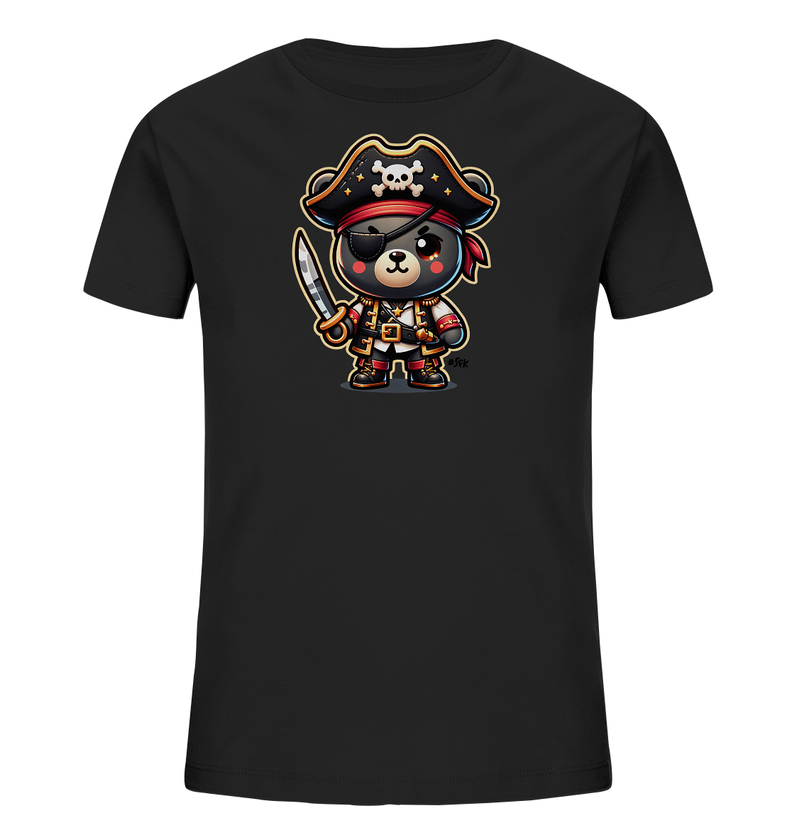 Onlineshop Shirts fuer Kinder - Das Bild zeigt ein schwarzes T-Shirt mit einer niedlichen Illustration eines Baeren als Pirat. Der Baer traegt einen Piratenhut mit Totenkopf, eine Augenklappe und haelt ein Schwert in der Hand. Seine Kleidung ist detailreich im klassischen Piratenstil gestaltet. Dieses verspielte Motiv ist ideal fuer Kinder, die Abenteuer moegen.