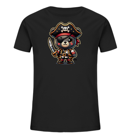 Onlineshop Shirts fuer Kinder - Das Bild zeigt ein schwarzes T-Shirt mit einer niedlichen Illustration eines Baeren als Pirat. Der Baer traegt einen Piratenhut mit Totenkopf, eine Augenklappe und haelt ein Schwert in der Hand. Seine Kleidung ist detailreich im klassischen Piratenstil gestaltet. Dieses verspielte Motiv ist ideal fuer Kinder, die Abenteuer moegen.