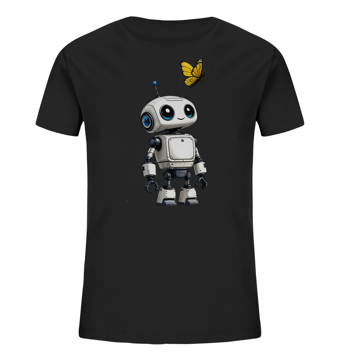 Onlineshop Shirts für Kinder - Das Bild zeigt die Vorderseite eines schwarzen Kinder-T-Shirts. Auf der Brust des Shirts ist eine freundliche, cartoonhafte Illustration eines kleinen, weißen Roboters abgebildet. Der Roboter hat große blaue Augen und eine Antenne auf dem Kopf. Über und leicht rechts vom Roboter fliegt ein leuchtend gelber Schmetterling. Dieses Design verleiht dem Shirt einen verspielten und technischen Charakter.