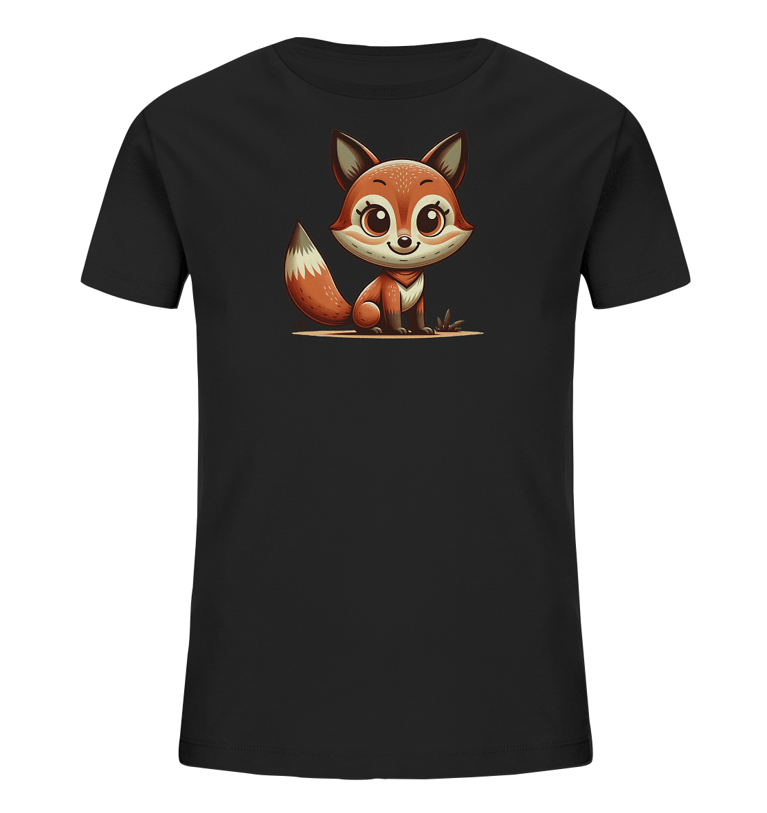 Onlineshop Shirts fuer Kinder - Dieses Bild zeigt ein schwarzes Kinder-T-Shirt mit einem zentralen Aufdruck. Der Aufdruck ist eine niedliche, cartoonhafte Illustration eines jungen Fuchses. Der Fuchs sitzt und blickt freundlich nach vorne, mit grossen Augen und einem buschigen Schwanz, dargestellt in warmen Brauntoenen und Weiss.