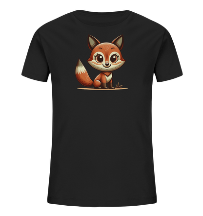 Onlineshop Shirts fuer Kinder - Dieses Bild zeigt ein schwarzes Kinder-T-Shirt mit einem zentralen Aufdruck. Der Aufdruck ist eine niedliche, cartoonhafte Illustration eines jungen Fuchses. Der Fuchs sitzt und blickt freundlich nach vorne, mit grossen Augen und einem buschigen Schwanz, dargestellt in warmen Brauntoenen und Weiss.