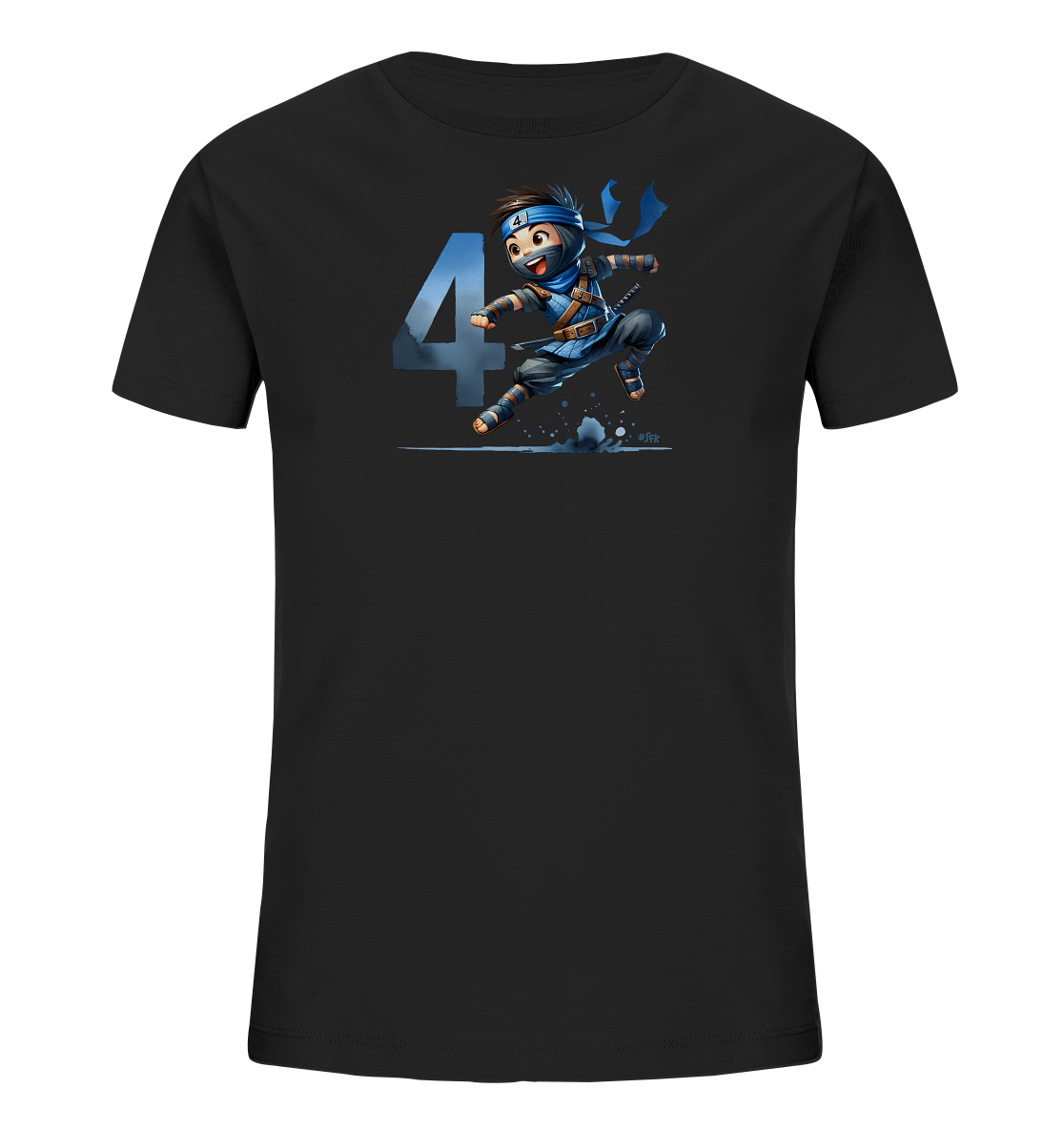 Onlineshop Shirts fuer Kinder - Das Bild zeigt ein schwarzes T-Shirt fuer Kinder. Auf der Vorderseite ist eine dynamische Illustration eines kleinen Ninjas in blauer Kleidung zu sehen. Der Ninja befindet sich in einer actionreichen Sprungposition neben einer grossen Zahl "4" in einem blauen Farbverlauf. Das Design wirkt lebendig und spielerisch, ideal fuer kleine Abenteurer.