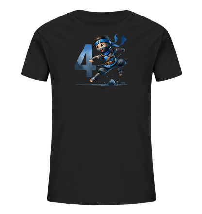 Kinder-T-Shirt mit springendem Ninja und Zahl 4