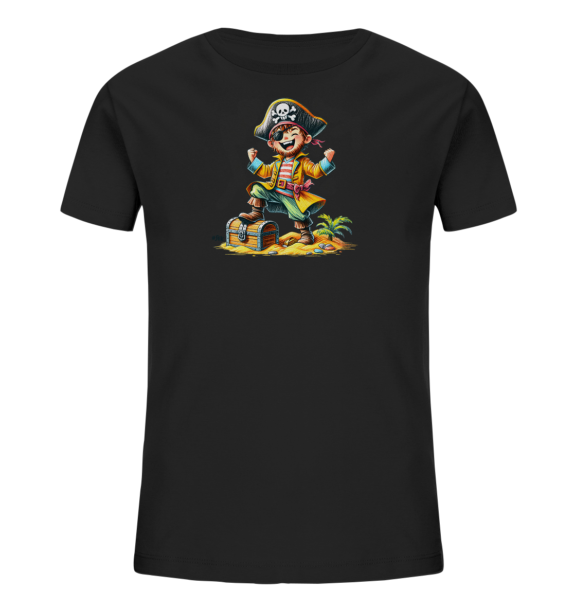 Onlineshop Shirts fuer Kinder - Das schwarze Kinder-T-Shirt zeigt ein farbenfrohes Comic-Motiv. Ein froehlicher Piratenjunge steht auf einer Schatzkiste auf einer kleinen Insel mit Palme. Er traegt typische Piratenkleidung inklusive Hut und Augenklappe und freut sich offensichtlich ueber den Fund.