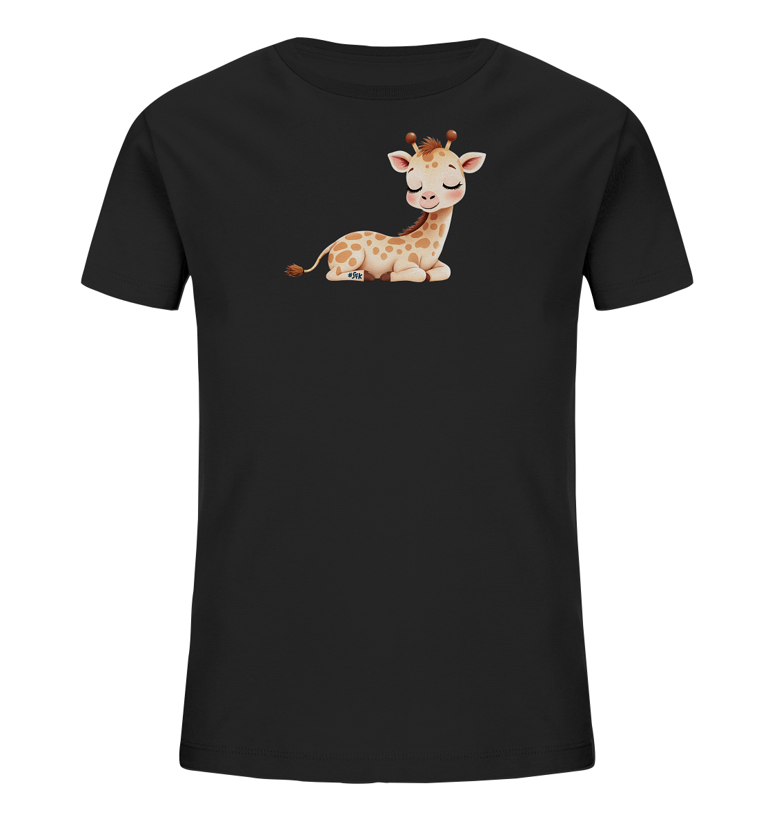 Onlineshop Shirts fuer Kinder - Das Bild zeigt ein schwarzes Kinder-T-Shirt mit einem niedlichen Giraffenmotiv auf der Vorderseite. Die Giraffe ist in einer liegenden Position dargestellt, mit geschlossenen Augen und einem sanften Laecheln. Ihr hellbraunes Fell ist mit den typischen dunkleren Flecken versehen. Das Design wirkt ruhig und ansprechend fuer Kinder.