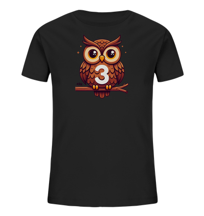 Kinder T-Shirt mit Cartoon-Eule auf Ast, großen Augen und Zahl 3