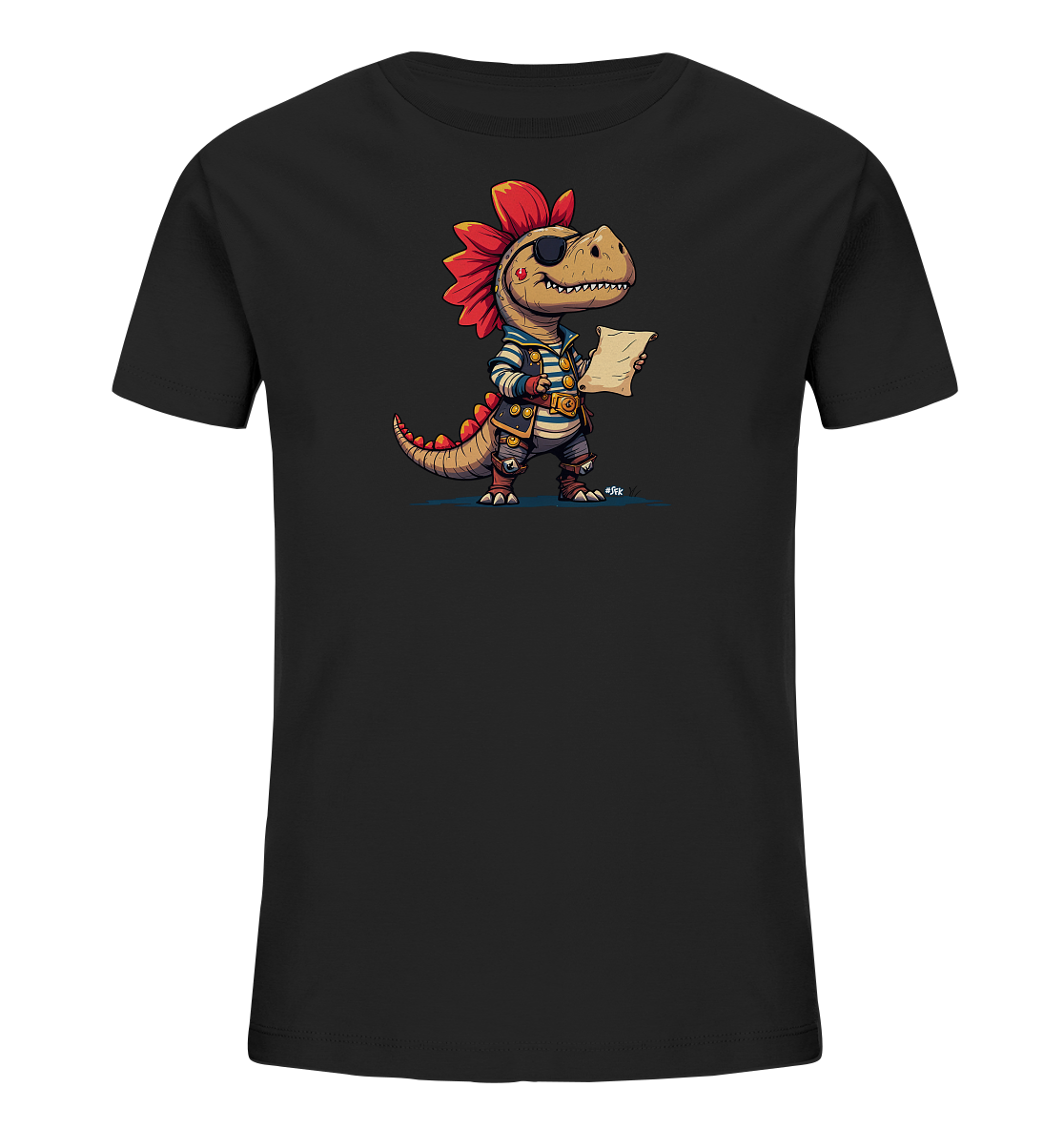 Onlineshop Shirts fuer Kinder - Das schwarze T-Shirt zeigt eine Illustration eines Dinosauriers im Piratenkostuem. Der Dino traegt einen roten Kamm, eine Augenklappe und haelt eine Schatzkarte. Seine Kleidung ist detailliert dargestellt und verleiht dem Motiv einen abenteuerlichen Look.