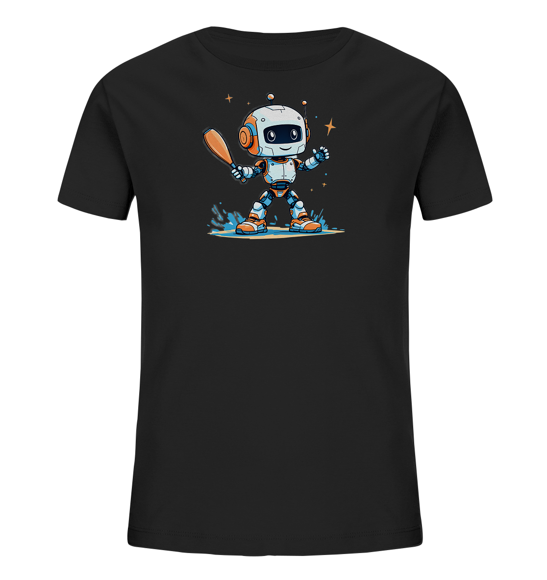 Onlineshop Shirts für Kinder - Das Bild zeigt ein schwarzes Kinder-T-Shirt mit einem farbenfrohen Druck eines freundlichen Roboters. Der Roboter hält einen Baseballschläger und steht in spritzendem Wasser, was den Eindruck des Spielens vermittelt. Er ist im niedlichen Cartoon-Stil mit orangefarbenen und blauen Akzenten gestaltet, ergänzt durch glitzernde Sterne im Hintergrund.