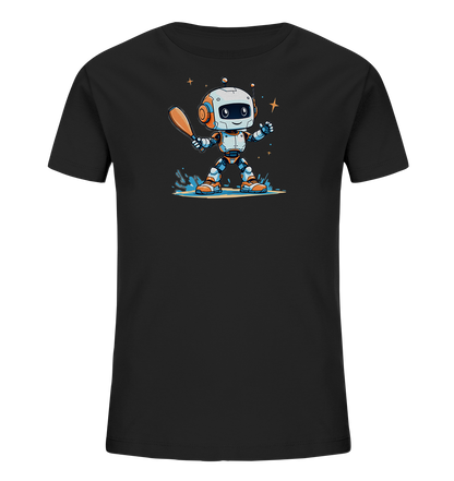Onlineshop Shirts für Kinder - Das Bild zeigt ein schwarzes Kinder-T-Shirt mit einem farbenfrohen Druck eines freundlichen Roboters. Der Roboter hält einen Baseballschläger und steht in spritzendem Wasser, was den Eindruck des Spielens vermittelt. Er ist im niedlichen Cartoon-Stil mit orangefarbenen und blauen Akzenten gestaltet, ergänzt durch glitzernde Sterne im Hintergrund.