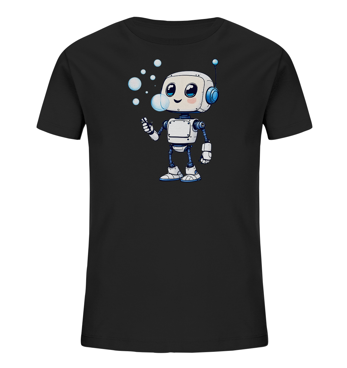 Onlineshop Shirts für Kinder - Das Bild zeigt ein schwarzes Kinder-T-Shirt mit einem lustigen Aufdruck auf der Vorderseite. Der Aufdruck zeigt einen niedlichen, cartoonhaften Roboter, der Seifenblasen bläst. Der Roboter ist überwiegend weiß und grau mit blauen Akzenten und hat große, ausdrucksstarke Augen. Mehrere Seifenblasen unterschiedlicher Größe schweben vor ihm, was dem Design eine verspielte Note verleiht.