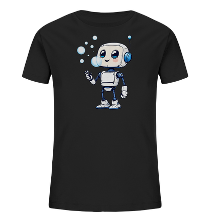 Onlineshop Shirts für Kinder - Das Bild zeigt ein schwarzes Kinder-T-Shirt mit einem lustigen Aufdruck auf der Vorderseite. Der Aufdruck zeigt einen niedlichen, cartoonhaften Roboter, der Seifenblasen bläst. Der Roboter ist überwiegend weiß und grau mit blauen Akzenten und hat große, ausdrucksstarke Augen. Mehrere Seifenblasen unterschiedlicher Größe schweben vor ihm, was dem Design eine verspielte Note verleiht.