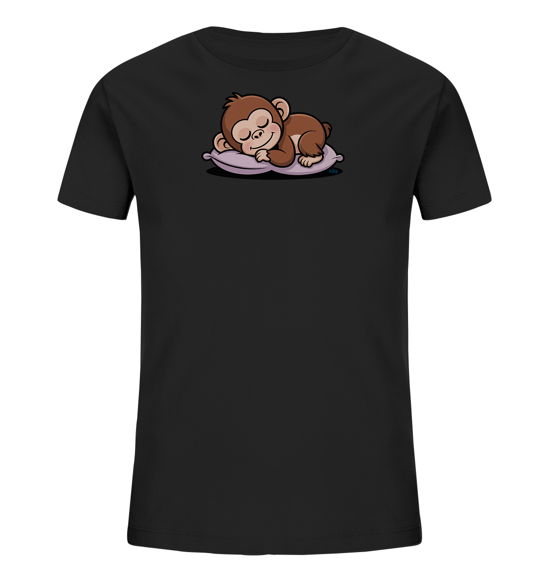 Onlineshop Shirts fuer Kinder - Das Bild zeigt ein schwarzes Kinder-T-Shirt mit einer niedlichen Darstellung eines schlafenden Äffchens auf der Vorderseite. Das Äffchen ist in braunen Farbtoenen gehalten und liegt friedlich auf einem hellvioletten Kissen mit geschlossenen Augen. Die Illustration wirkt sanft und beruhigend, ideal fuer Kinder.
