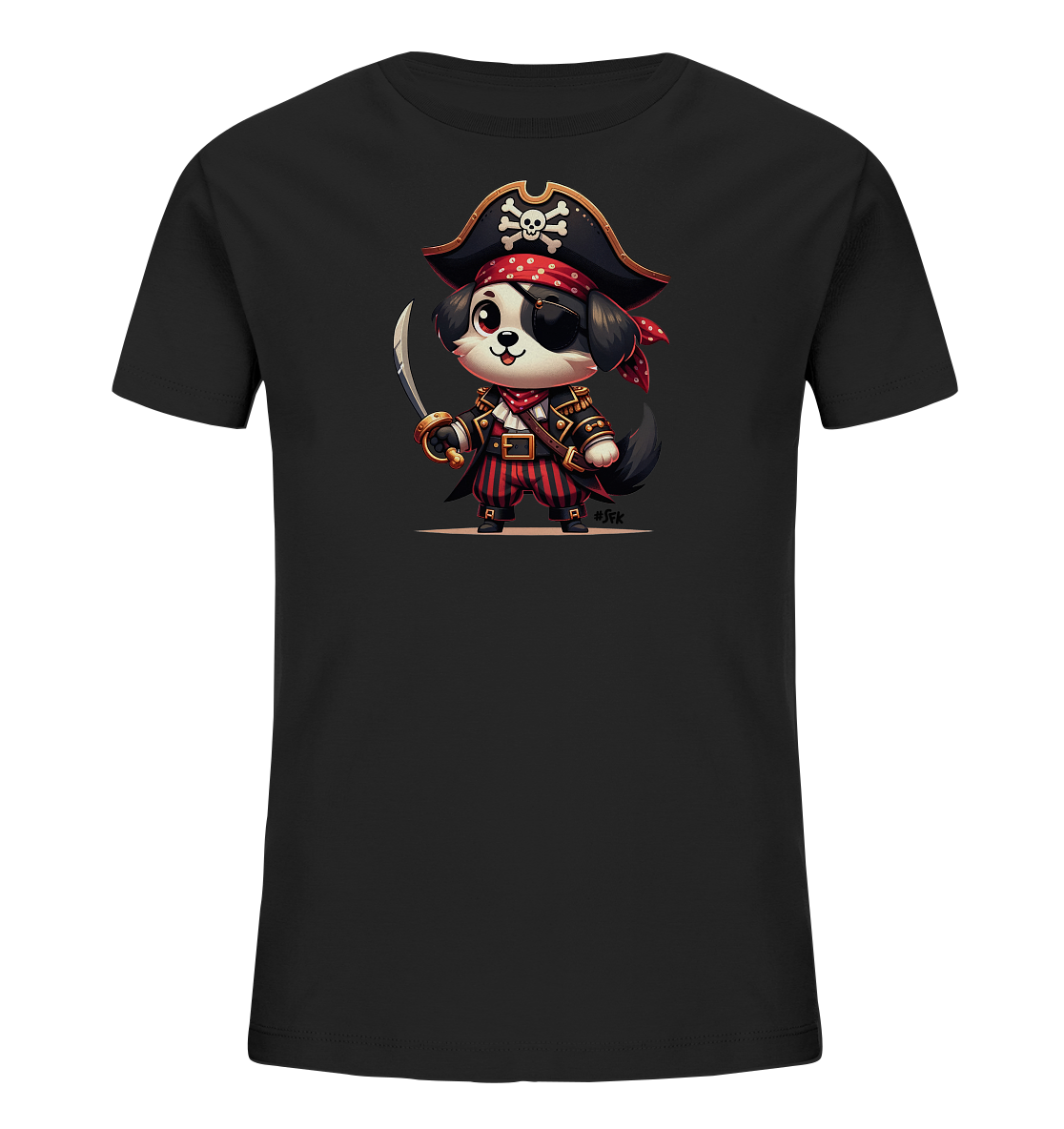 Kinder T-Shirt mit Cartoon-Piratenhund, Augenklappe, Hut und Säbel