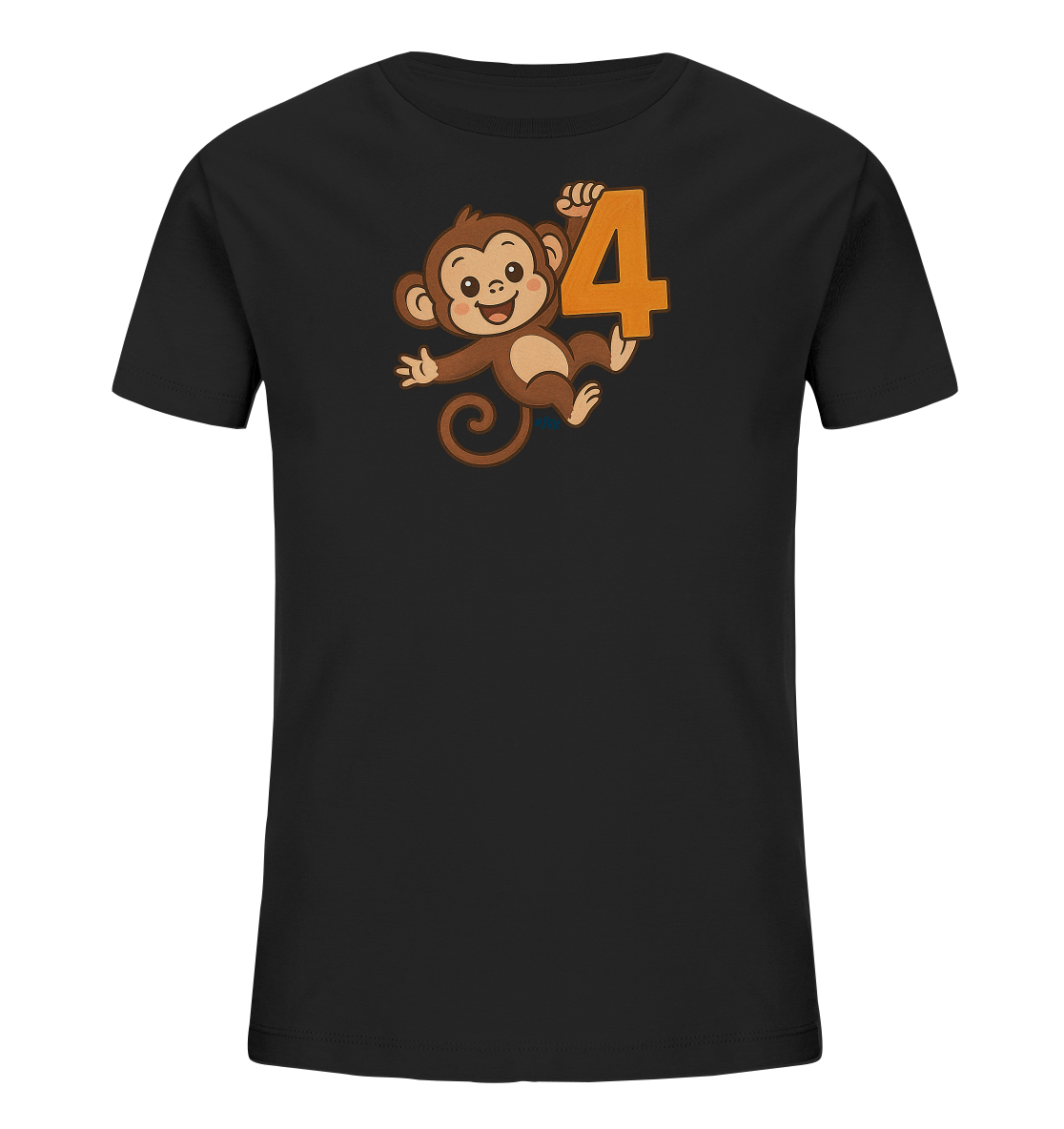 Onlineshop Shirts fuer Kinder - Das Bild zeigt ein schwarzes Kinder T-Shirt mit einem lustigen Motiv. Ein brauner Cartoon-Affe haelt sich an der grossen, orangefarbenen Zahl '4' fest. Der Affe laechelt und hat einen froehlichen Ausdruck. Das Design ist ideal fuer einen Kindergeburtstag oder als verspieltes Outfit.