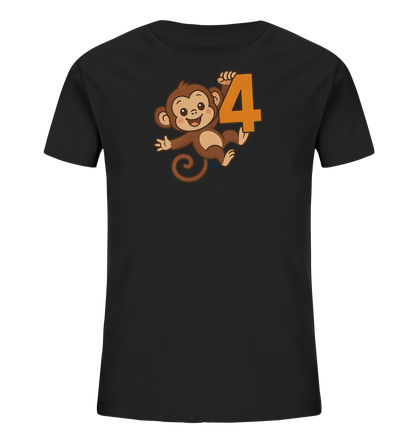 Onlineshop Shirts fuer Kinder - Das Bild zeigt ein schwarzes Kinder T-Shirt mit einem lustigen Motiv. Ein brauner Cartoon-Affe haelt sich an der grossen, orangefarbenen Zahl '4' fest. Der Affe laechelt und hat einen froehlichen Ausdruck. Das Design ist ideal fuer einen Kindergeburtstag oder als verspieltes Outfit.