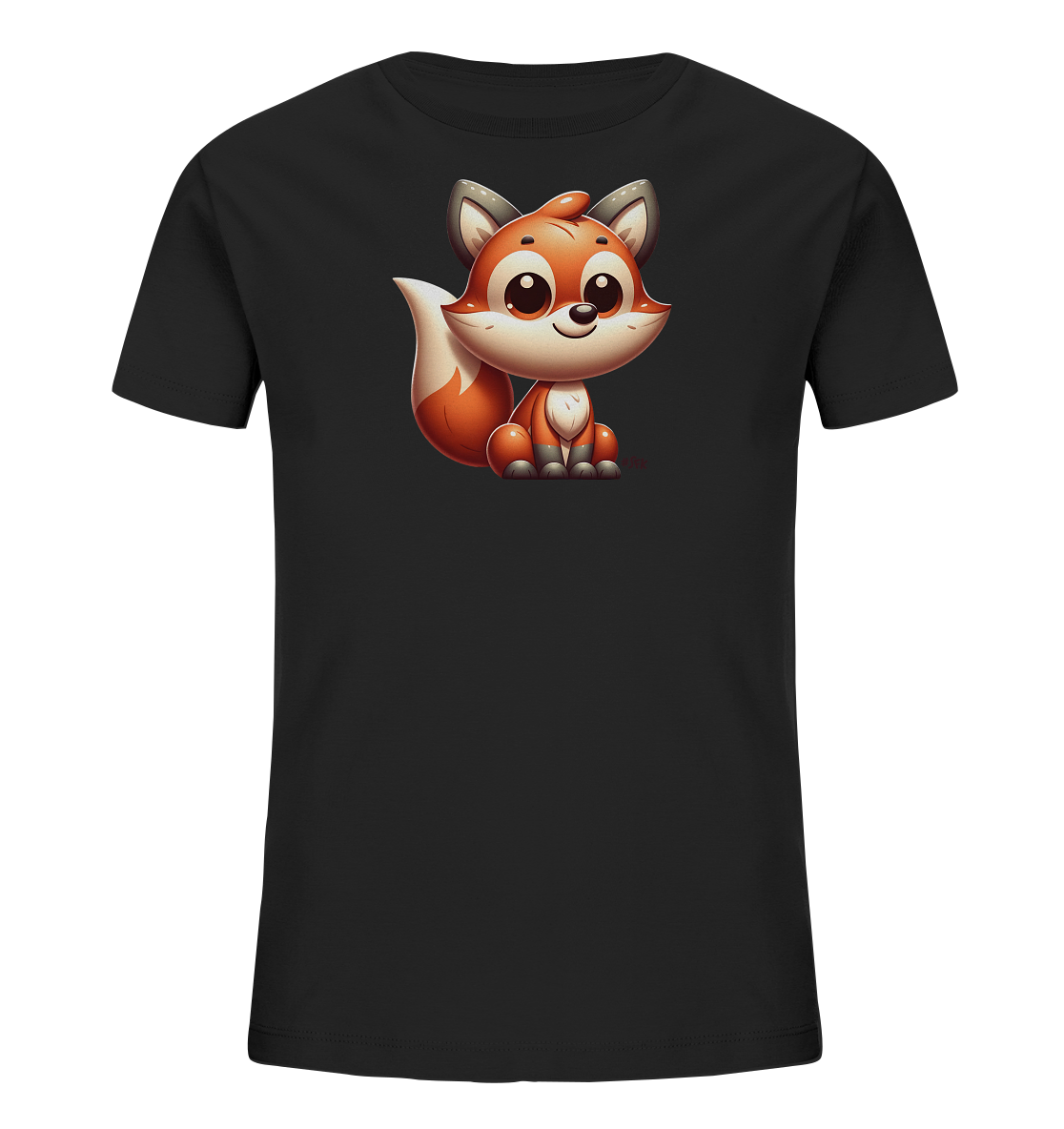 Onlineshop Shirts fuer Kinder - Das Bild zeigt ein schwarzes Kinder-T-Shirt. Auf der Vorderseite ist eine Grafik eines suessen Fuchses im Cartoon-Stil abgebildet. Der Fuchs ist orange-weiss gefaerbt, hat grosse Augen und ein freundliches Laecheln. Dieses Design verleiht dem Shirt eine verspielte und froehliche Optik.