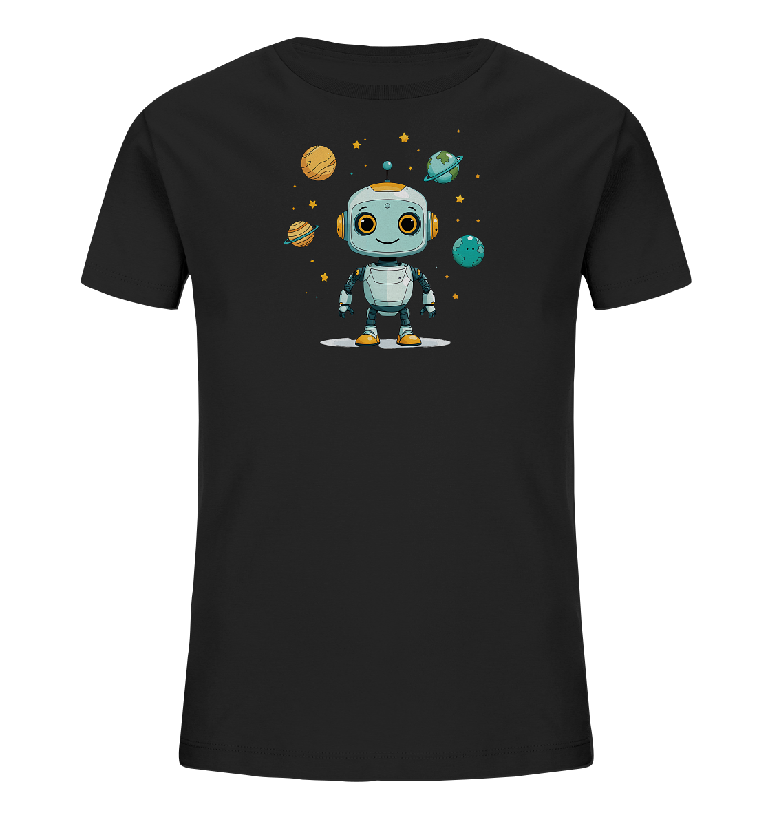 Onlineshop Shirts für Kinder - Das Bild zeigt ein schwarzes T-Shirt für Kinder mit einem bunten Motiv. Auf der Vorderseite ist ein freundlich aussehender, cartoonhafter Roboter abgebildet. Um den Roboter herum sind verschiedene Planeten und Sterne in einem weltraumähnlichen Design platziert. Das Motiv wirkt verspielt und fantasievoll, ideal für kleine Entdecker und Weltraumfans.