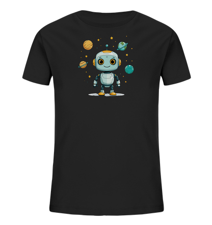Onlineshop Shirts für Kinder - Das Bild zeigt ein schwarzes T-Shirt für Kinder mit einem bunten Motiv. Auf der Vorderseite ist ein freundlich aussehender, cartoonhafter Roboter abgebildet. Um den Roboter herum sind verschiedene Planeten und Sterne in einem weltraumähnlichen Design platziert. Das Motiv wirkt verspielt und fantasievoll, ideal für kleine Entdecker und Weltraumfans.