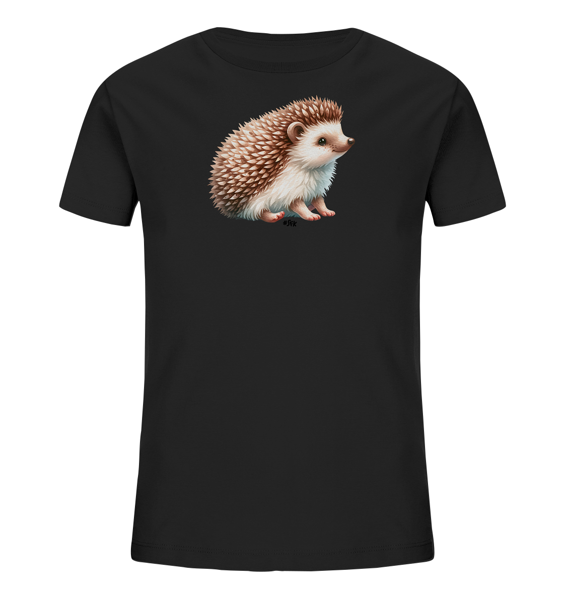 Onlineshop Shirts fuer Kinder - Dieses schwarze T-Shirt fuer Kinder zeigt eine detailreiche Illustration eines niedlichen Igels in der Mitte. Der Igel ist realistisch dargestellt mit braunen und weissen Stacheln sowie einem freundlichen Gesicht. Er sitzt aufrecht und schaut zur Seite. Das Design ist schlicht und fokussiert auf das Tierbild.