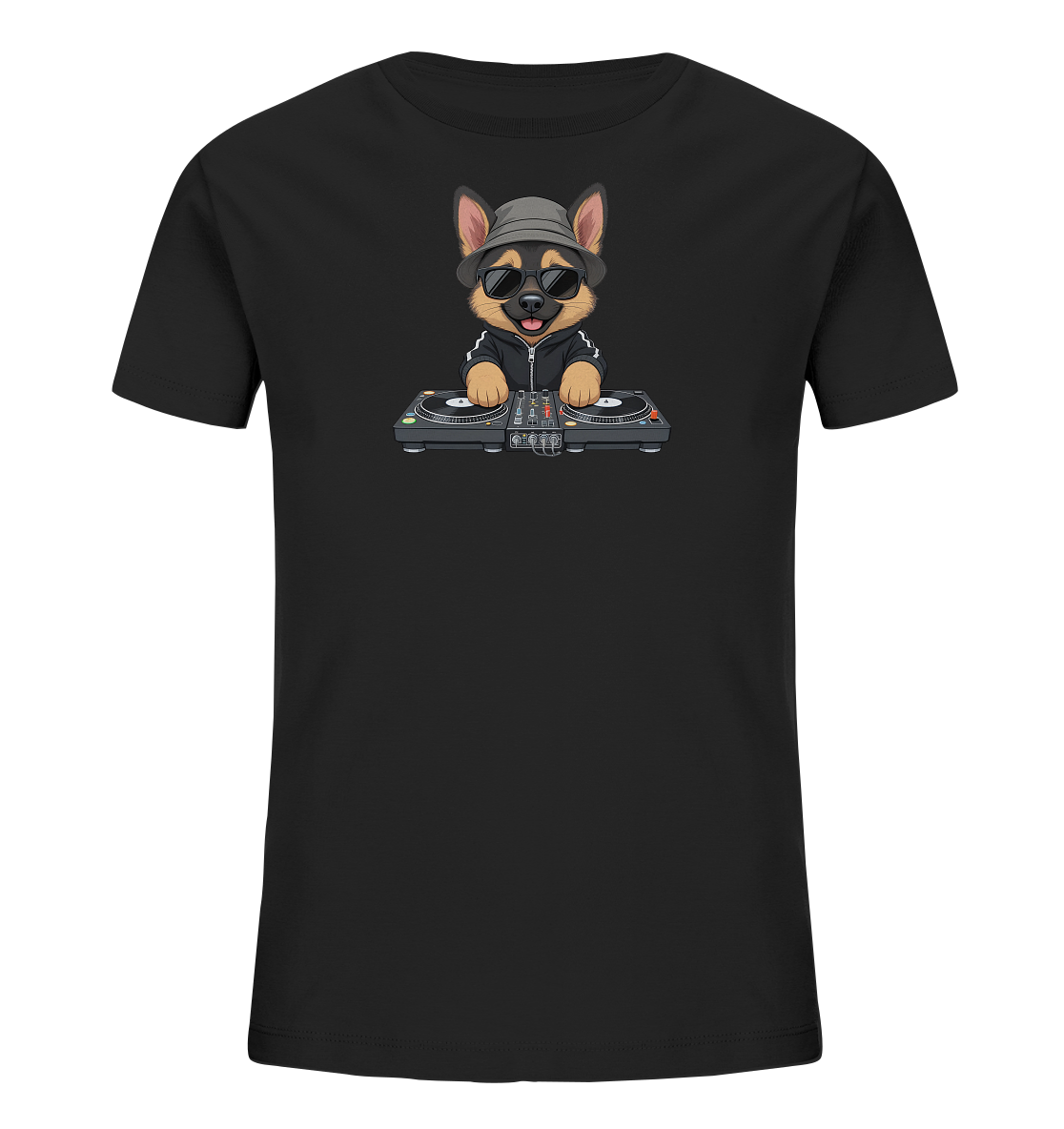Onlineshop Shirts fuer Kinder - Das schwarze T-Shirt zeigt einen suessen Cartoon-Hund, der eine graue Muetze und Sonnenbrille traegt. Der Hund ist als DJ dargestellt und steht hinter einem Mischpult mit zwei Plattenspielern. Das Design wirkt verspielt und modern. Es ist ideal fuer Kinder.