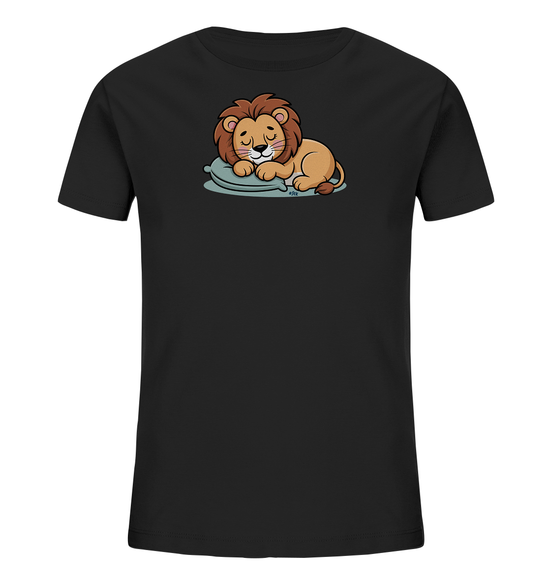 Onlineshop Shirts fuer Kinder - Das Bild zeigt ein schwarzes Kinder-T-Shirt mit einem zentral platzierten Aufdruck. Der Aufdruck zeigt einen schlafenden, cartoonhaften Loewen mit brauner Maehne, der auf einem hellblauen Kissen ruht. Seine Augen sind geschlossen und der Gesichtsausdruck wirkt friedlich. Das Design ist in klaren Linien und freundlichen Farben gehalten.