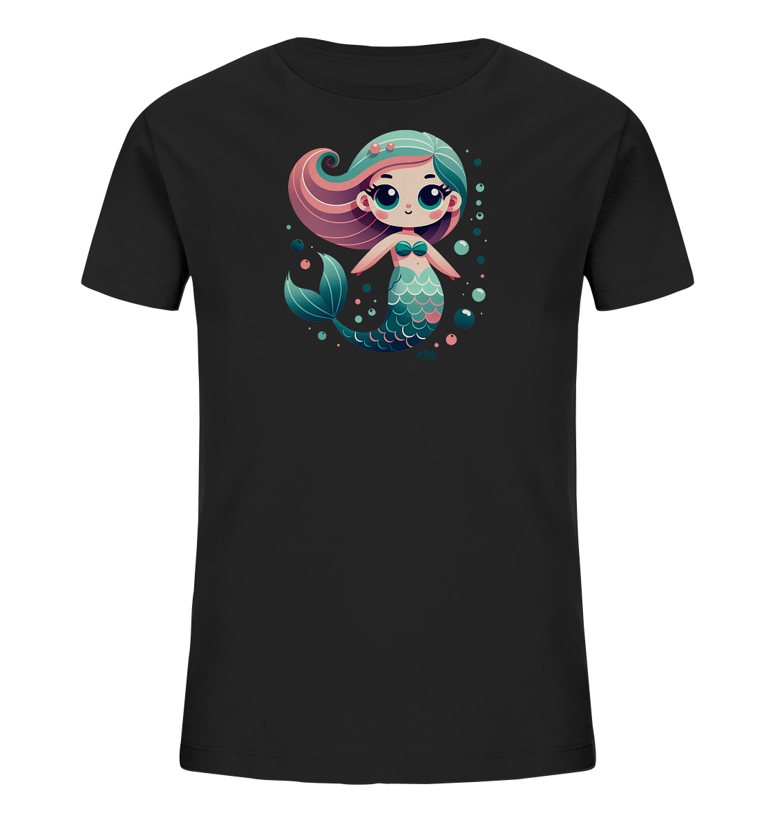 Onlineshop Shirts fuer Kinder - Das Bild zeigt ein schwarzes Kinder-T-Shirt mit einem farbenfrohen Aufdruck auf der Vorderseite. Der Aufdruck ist eine suesse Zeichentrick-Meerjungfrau mit pink-tuerkisem Haar und einer schimmernden Schwanzflosse. Die Meerjungfrau hat grosse Augen und ist umgeben von zahlreichen kleinen Blasen in verschiedenen Farben. Das Design wirkt verspielt und ansprechend fuer Kinder.