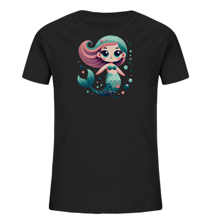 Onlineshop Shirts fuer Kinder - Das Bild zeigt ein schwarzes Kinder-T-Shirt mit einem farbenfrohen Aufdruck auf der Vorderseite. Der Aufdruck ist eine suesse Zeichentrick-Meerjungfrau mit pink-tuerkisem Haar und einer schimmernden Schwanzflosse. Die Meerjungfrau hat grosse Augen und ist umgeben von zahlreichen kleinen Blasen in verschiedenen Farben. Das Design wirkt verspielt und ansprechend fuer Kinder.