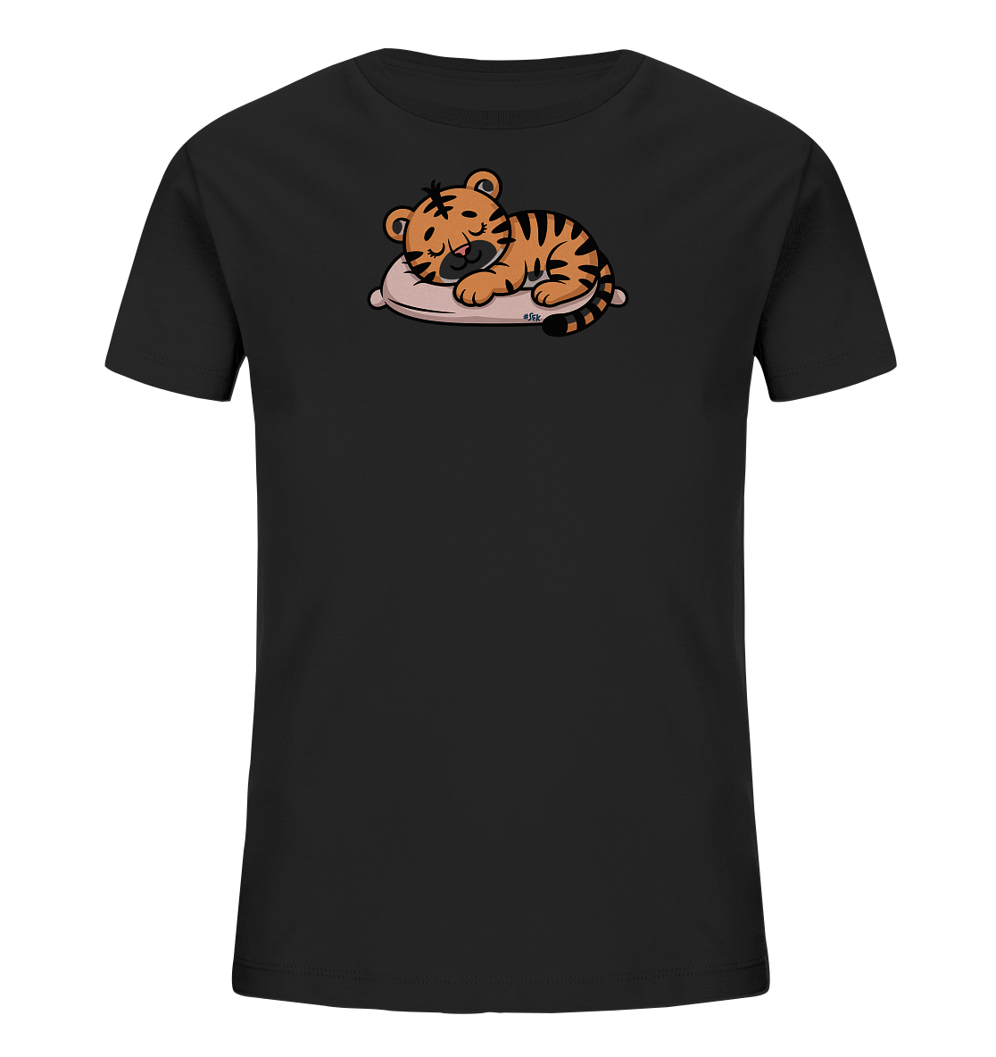 Onlineshop Shirts fuer Kinder - Das Bild zeigt ein schwarzes T-Shirt mit einem niedlichen Aufdruck eines schlafenden Tigerbabys. Der kleine Tiger liegt gemuetlich auf einem hellbraunen Kissen, seine Augen sind geschlossen. Er ist in orange-schwarzen Streifen dargestellt und wirkt sehr friedlich. Das Design ist verspielt und ideal fuer Kinder.
