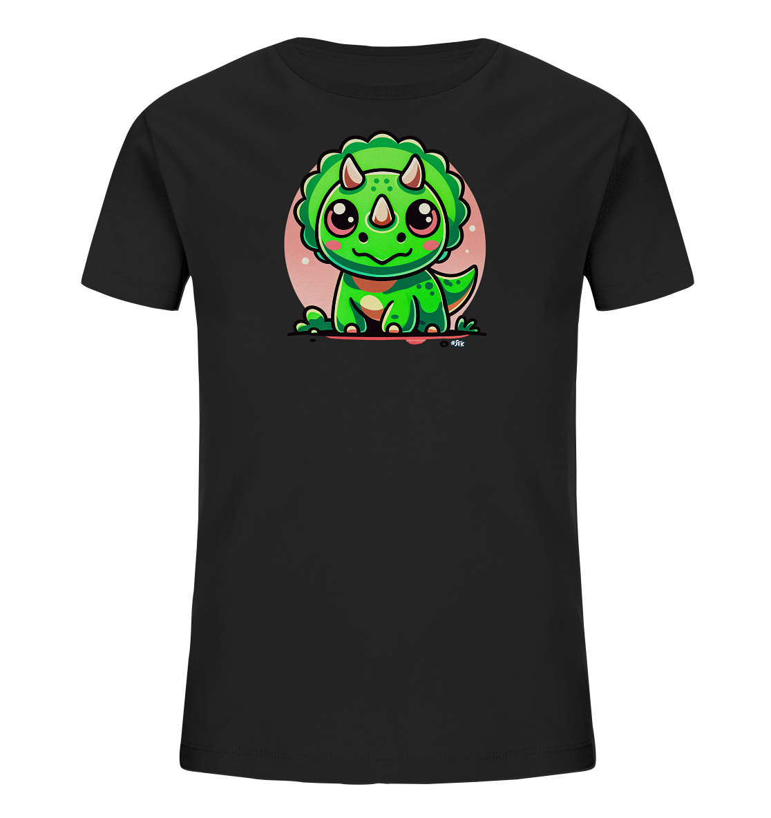 Onlineshop Shirts fuer Kinder - Das Bild zeigt ein schwarzes T-Shirt fuer Kinder mit einem froehlichen Dinosaurier-Motiv auf der Vorderseite. Der stilisierte gruene Dinosaurier sieht aus wie ein Triceratops mit kleinen Hoernern und einem freundlichen Gesicht. Er sitzt vor einem hellrosafarbenen Kreis auf braunem Untergrund. Die Illustration ist detailreich und farbenfroh.