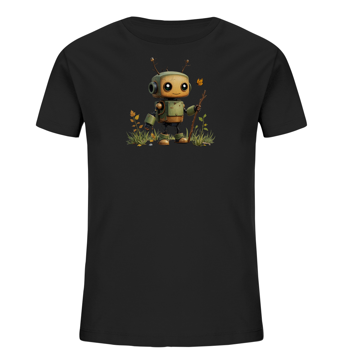 Onlineshop Shirts für Kinder - Das Bild zeigt ein schlichtes, schwarzes Kinder-T-Shirt. Auf der Vorderseite ist eine Illustration eines kleinen, freundlich aussehenden Roboters zu sehen. Der Roboter steht inmitten von Gras und kleinen Pflanzen und hält einen dünnen Ast in seiner rechten Hand. Eine kleine orangefarbene Schmetterlingsgrafik fliegt neben ihm, was dem Motiv eine verspielte Note verleiht.