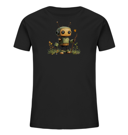 Onlineshop Shirts für Kinder - Das Bild zeigt ein schlichtes, schwarzes Kinder-T-Shirt. Auf der Vorderseite ist eine Illustration eines kleinen, freundlich aussehenden Roboters zu sehen. Der Roboter steht inmitten von Gras und kleinen Pflanzen und hält einen dünnen Ast in seiner rechten Hand. Eine kleine orangefarbene Schmetterlingsgrafik fliegt neben ihm, was dem Motiv eine verspielte Note verleiht.