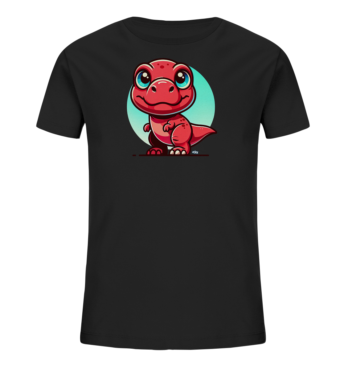 Onlineshop Shirts für Kinder - Das Bild zeigt ein schwarzes T-Shirt für Kinder mit einem ansprechenden, bunten Druck auf der Vorderseite. Das Hauptmotiv ist ein roter Zeichentrick-Dinosaurier mit großen blauen Augen und einem freundlichen Gesichtsausdruck. Hinter der Figur befindet sich ein hellblauer Kreis, der einen zusätzlichen visuellen Akzent setzt. Das Design ist lebendig und kindgerecht gestaltet, was das T-Shirt zu einem attraktiven Kleidungsstück macht.