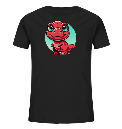 Onlineshop Shirts für Kinder - Das Bild zeigt ein schwarzes T-Shirt für Kinder mit einem ansprechenden, bunten Druck auf der Vorderseite. Das Hauptmotiv ist ein roter Zeichentrick-Dinosaurier mit großen blauen Augen und einem freundlichen Gesichtsausdruck. Hinter der Figur befindet sich ein hellblauer Kreis, der einen zusätzlichen visuellen Akzent setzt. Das Design ist lebendig und kindgerecht gestaltet, was das T-Shirt zu einem attraktiven Kleidungsstück macht.