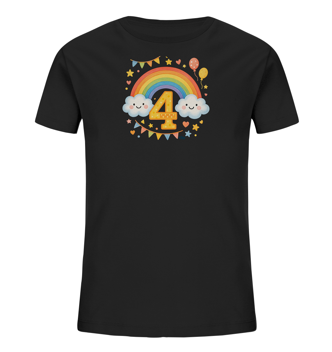 Onlineshop Shirts fuer Kinder - Das Bild zeigt ein schwarzes T-Shirt fuer Kinder. Auf der Vorderseite ist ein froehliches Motiv mit einem bunten Regenbogen, laechelnden Wolken und der grossen Zahl Vier zu sehen. Sterne, Herzen, Ballons und bunte Faehnchen umrahmen das Design. Es wirkt festlich und farbenfroh.
