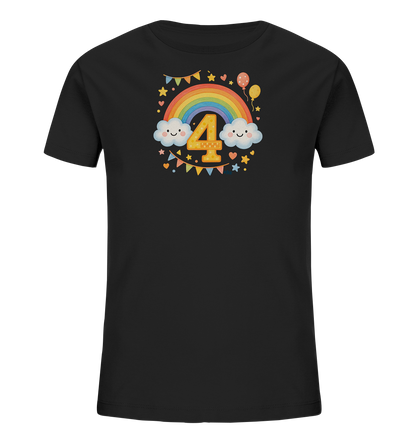 Onlineshop Shirts fuer Kinder - Das Bild zeigt ein schwarzes T-Shirt fuer Kinder. Auf der Vorderseite ist ein froehliches Motiv mit einem bunten Regenbogen, laechelnden Wolken und der grossen Zahl Vier zu sehen. Sterne, Herzen, Ballons und bunte Faehnchen umrahmen das Design. Es wirkt festlich und farbenfroh.