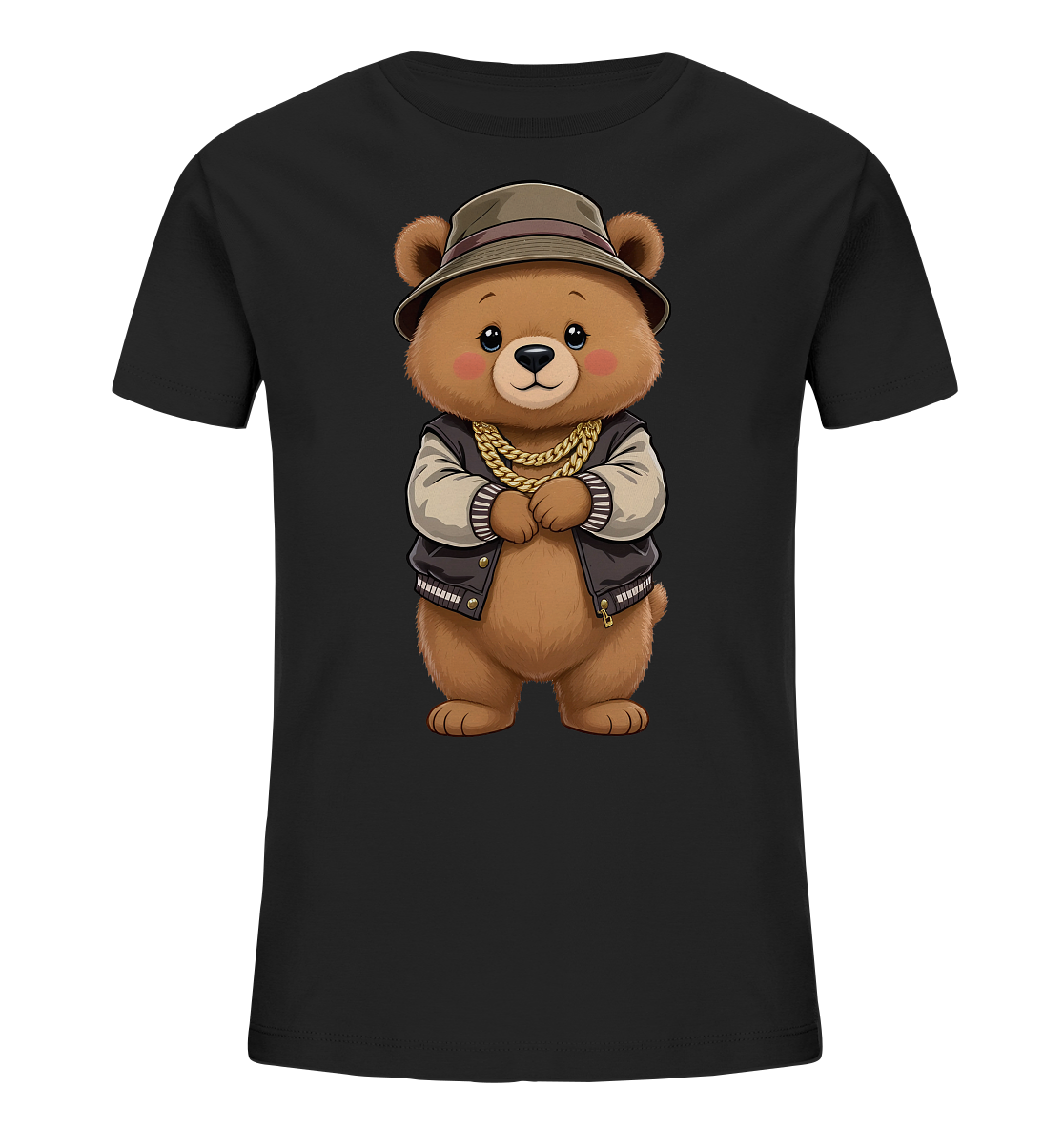 Onlineshop Shirts fuer Kinder - Das Bild zeigt ein schwarzes T-Shirt mit einem niedlichen, braunen Teddybaeren auf der Vorderseite. Der Baer traegt einen braunen Hut, eine zweifarbige College-Jacke und eine auffaellige goldene Kette. Er hat ein freundliches Gesicht und die Pfoten vor dem Koerper verschraenkt. Das Motiv verleiht dem Shirt einen laessigen und verspielten Stil.