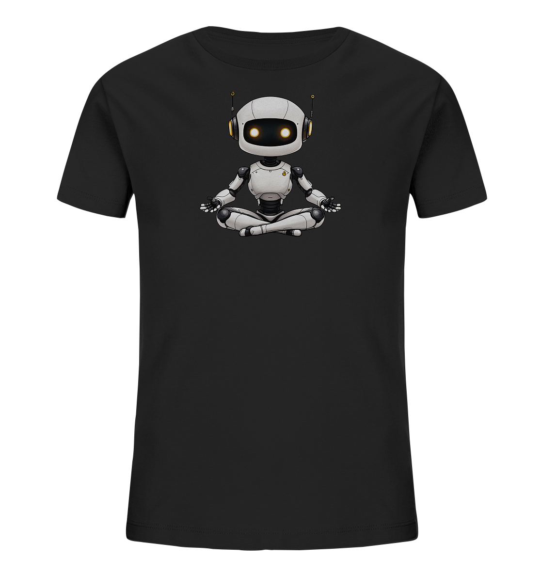 Onlineshop Shirts für Kinder - Dieses Bild zeigt ein schwarzes T-Shirt, das für Kinder konzipiert ist. Auf der Vorderseite ist eine Grafik eines freundlich wirkenden Roboters abgebildet. Der Roboter ist in Weiß- und Grautönen gehalten, sitzt in einer meditativen Yoga-Position mit gekreuzten Beinen und hat leuchtende Augen sowie Antennen. Dieses detailreiche Motiv ist mittig auf dem Stoff platziert und verleiht dem Shirt einen modernen und verspielten Charakter.