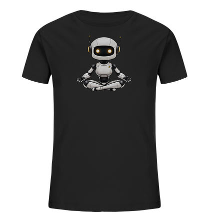 Onlineshop Shirts für Kinder - Dieses Bild zeigt ein schwarzes T-Shirt, das für Kinder konzipiert ist. Auf der Vorderseite ist eine Grafik eines freundlich wirkenden Roboters abgebildet. Der Roboter ist in Weiß- und Grautönen gehalten, sitzt in einer meditativen Yoga-Position mit gekreuzten Beinen und hat leuchtende Augen sowie Antennen. Dieses detailreiche Motiv ist mittig auf dem Stoff platziert und verleiht dem Shirt einen modernen und verspielten Charakter.