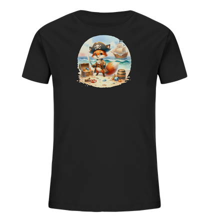 Onlineshop Shirts fuer Kinder - Das Bild zeigt ein schwarzes Kinder T-Shirt mit einem zentralen, ovalen Motiv. Der Druck zeigt einen cartoonhaften Fuchs in Piratenkleidung an einem Strand. Er steht neben einer offenen Schatzkiste und einem Fass, im Hintergrund ist ein Piratenschiff auf dem Meer zu sehen. Der Fuchs haelt ein Schwert und traegt eine Piratenmuetze, was das Motiv sehr verspielt wirken laesst.