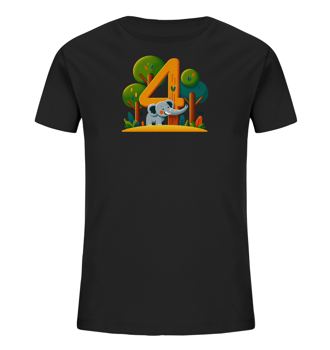 Onlineshop Shirts fuer Kinder - Das Bild zeigt ein schwarzes T-Shirt mit einem farbenfrohen Druck auf der Vorderseite. Der Druck stellt eine Szene mit einem freundlichen, grauen Cartoon-Elefanten dar, der neben einer grossen, orangefarbenen Zahl '4' steht. Im Hintergrund sind gruene Baeume und Blaetter in einem illustrativen Stil zu sehen, was dem Design eine verspielte und naturverbundene Atmosphaere verleiht. Dieses Motiv ist ideal fuer Kinder.