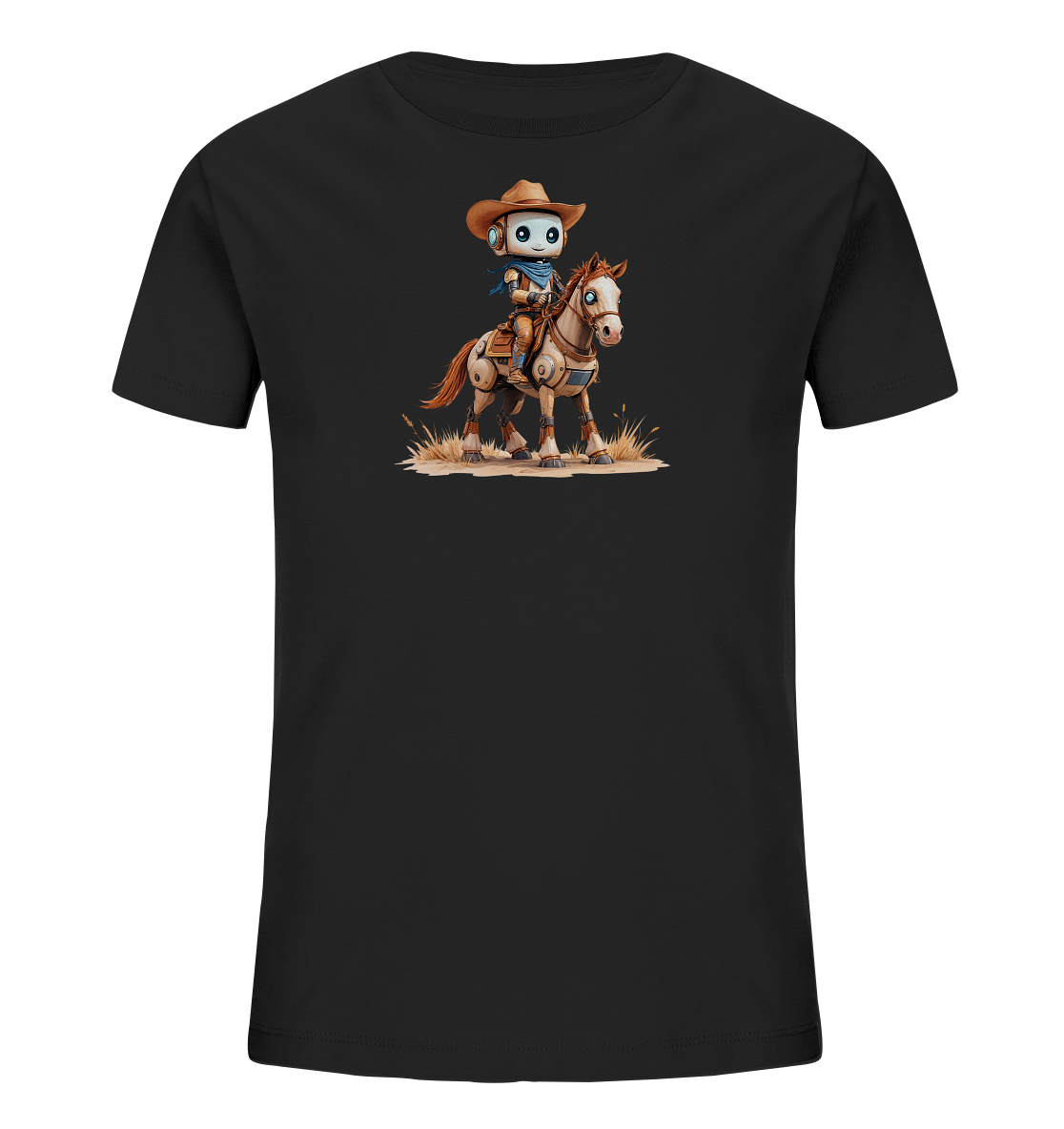 Kinder T-Shirt – Roboter Cowboy reitet blauäugiges Pferd