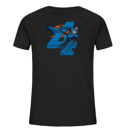 Onlineshop Shirts fuer Kinder - Dieses schwarze T-Shirt fuer Kinder zeigt eine grosse blaue Zahl '4' im Hintergrund. Davor ist ein dynamischer Superheld in einem blauen Anzug mit wehendem Umhang dargestellt. Der Held traegt eine Maske und ein Emblem mit der Zahl '4' auf der Brust. Das Design verwendet kraeftige Blau- und Orangetoene.