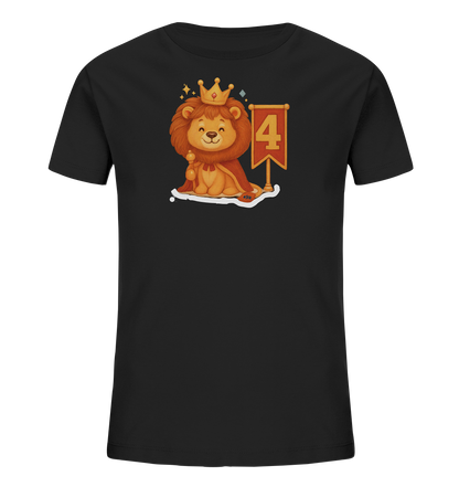 Kinder T-Shirt mit Löwenkönig, Krone, rotem Umhang und Zahl 4