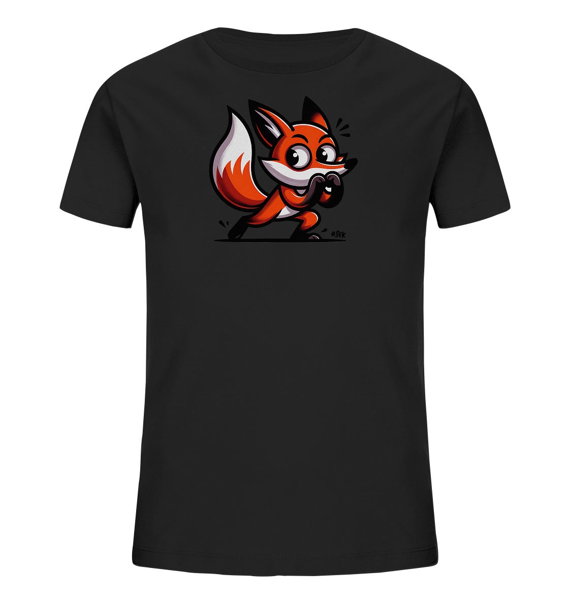 Onlineshop Shirts fuer Kinder - Das Bild zeigt ein schwarzes Kinder-T-Shirt mit einem farbigen Cartoon-Fuchs auf der Vorderseite. Der orange-weisse Fuchs hat grosse Augen und Pfoten, die er vor dem Maul haelt, was ihm einen ueberraschten oder schelmischen Ausdruck verleiht. Er ist in einer dynamischen Pose dargestellt, die Bewegung andeutet. Das Design ist lustig und kinderfreundlich.