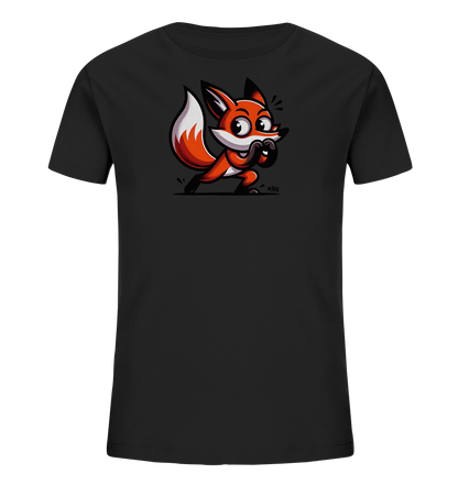 Onlineshop Shirts fuer Kinder - Das Bild zeigt ein schwarzes Kinder-T-Shirt mit einem farbigen Cartoon-Fuchs auf der Vorderseite. Der orange-weisse Fuchs hat grosse Augen und Pfoten, die er vor dem Maul haelt, was ihm einen ueberraschten oder schelmischen Ausdruck verleiht. Er ist in einer dynamischen Pose dargestellt, die Bewegung andeutet. Das Design ist lustig und kinderfreundlich.