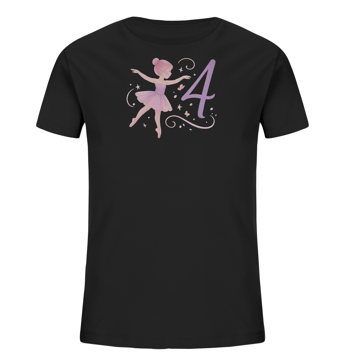 Onlineshop Shirts fuer Kinder - Das Bild zeigt ein schwarzes Kinder-T-Shirt mit einem Druck auf der Vorderseite. Dieser zeigt eine Ballerina-Figur in Rosa in einer Tanzpose, neben der eine grosse, stilisierte Zahl Vier in Lila platziert ist. Kleine Sterne und dekorative Linien umgeben die Elemente und verleihen dem Design einen verspielten Charakter. Ein thematisches Motiv fuer junge Kinder.