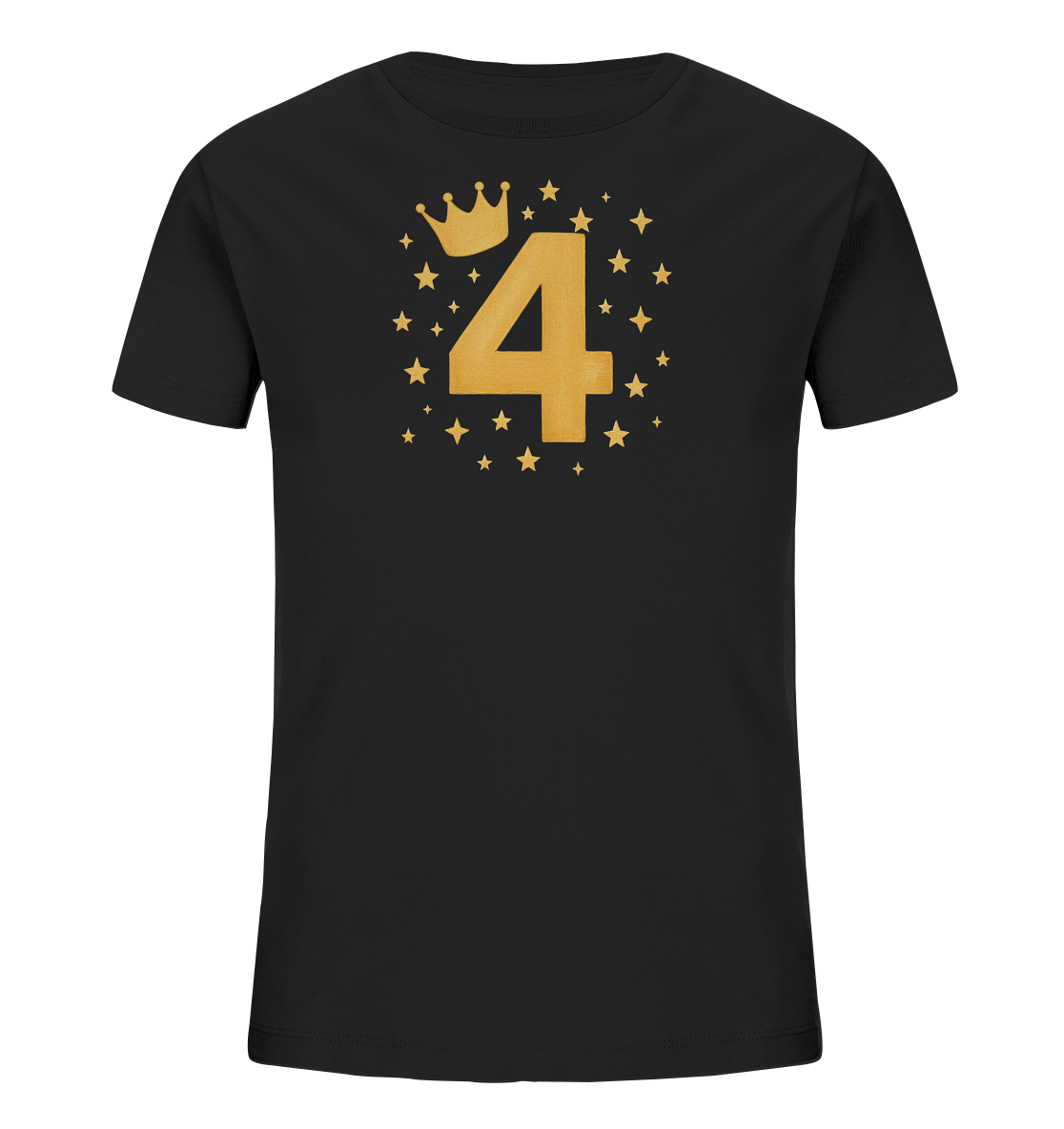 Onlineshop Shirts fuer Kinder - Das Bild zeigt ein schwarzes Kinder-T-Shirt. Auf der Vorderseite ist die goldene Zahl '4' gross dargestellt. Über der Zahl befindet sich eine kleine goldene Krone. Die Grafik wird durch viele goldene Sterne unterschiedlicher Groesse ergaenzt, die um die Zahl und Krone herum angeordnet sind.