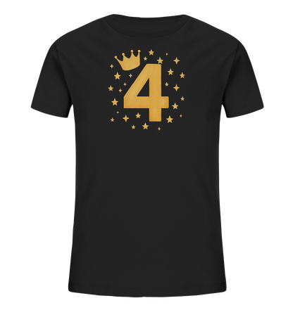Onlineshop Shirts fuer Kinder - Das Bild zeigt ein schwarzes Kinder-T-Shirt. Auf der Vorderseite ist die goldene Zahl '4' gross dargestellt. Über der Zahl befindet sich eine kleine goldene Krone. Die Grafik wird durch viele goldene Sterne unterschiedlicher Groesse ergaenzt, die um die Zahl und Krone herum angeordnet sind.
