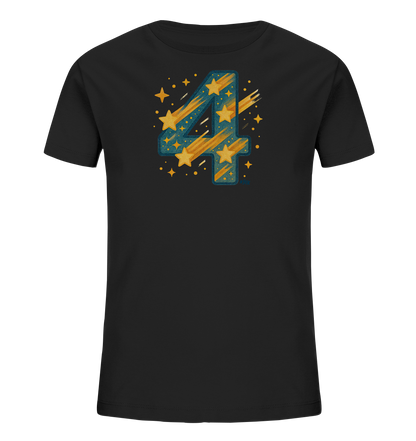 Onlineshop Shirts fuer Kinder - Das Bild zeigt ein schwarzes Kinder-T-Shirt. Auf der Vorderseite ist eine grosse, stilisierte Zahl '4' abgebildet. Die '4' ist in Blautoenen gehalten und mit zahlreichen goldenen Sternen und Sternschnuppen verziert. Dieses Design verleiht dem Shirt einen festlichen, himmlischen Look.